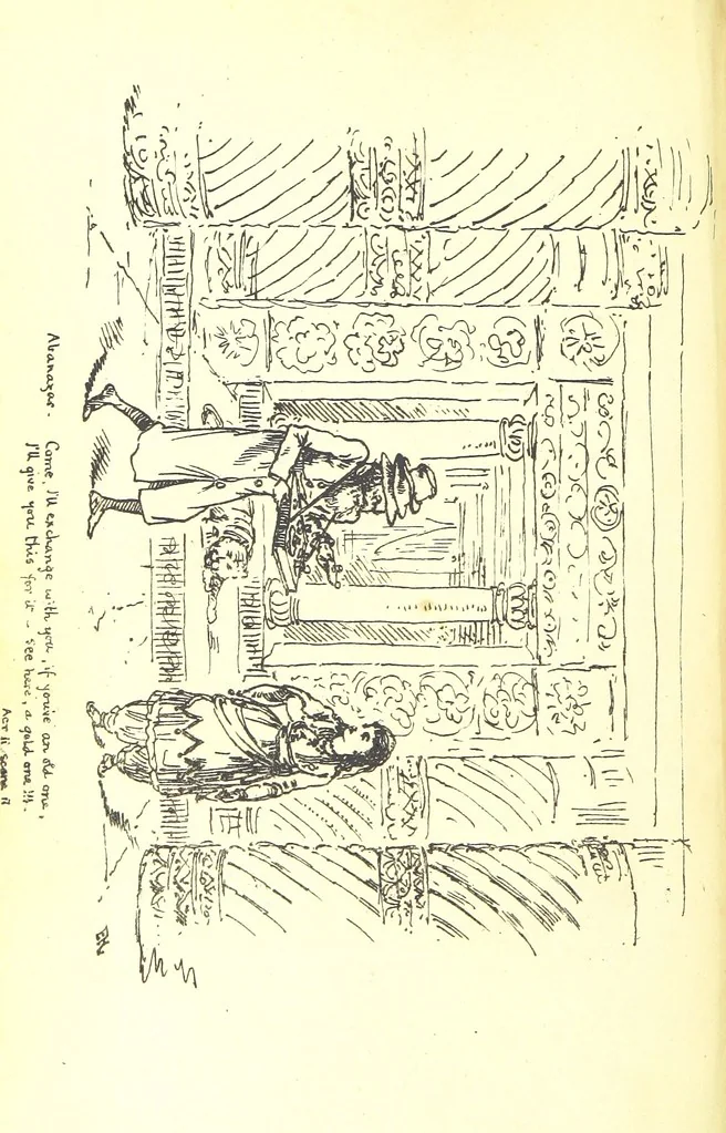 An illustration from Aladdin; or, the Wonderful scamp! An original burlesque extravaganza, in one act. [In verse, 1882, leaf 62