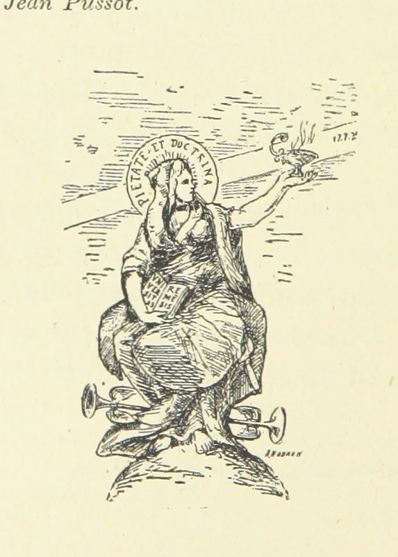 An illustration from Histoire du Collège des Bons-Enfants de l'Université de Reims depuis son origine jusqu'à ses récentes transformations ... Édition ornée de plans, gravures et vignettes, etc, 1885, leaf 208