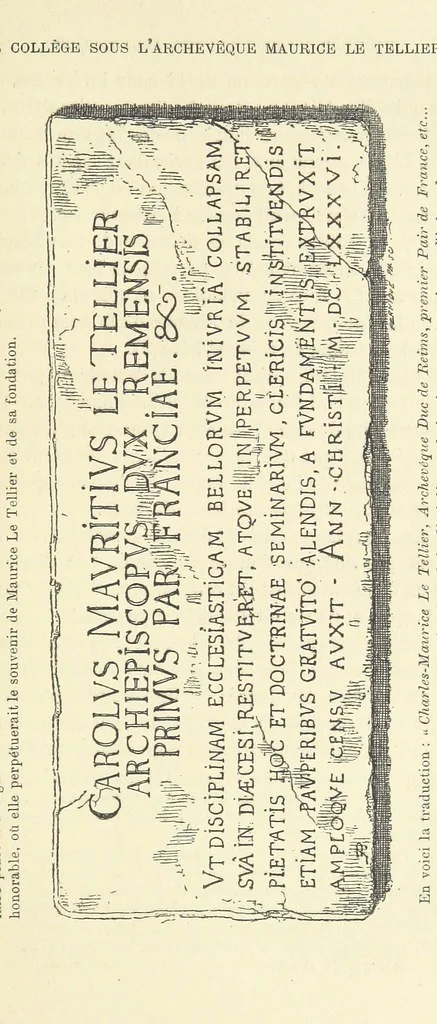 An illustration from Histoire du Collège des Bons-Enfants de l'Université de Reims depuis son origine jusqu'à ses récentes transformations ... Édition ornée de plans, gravures et vignettes, etc, 1885, leaf 471