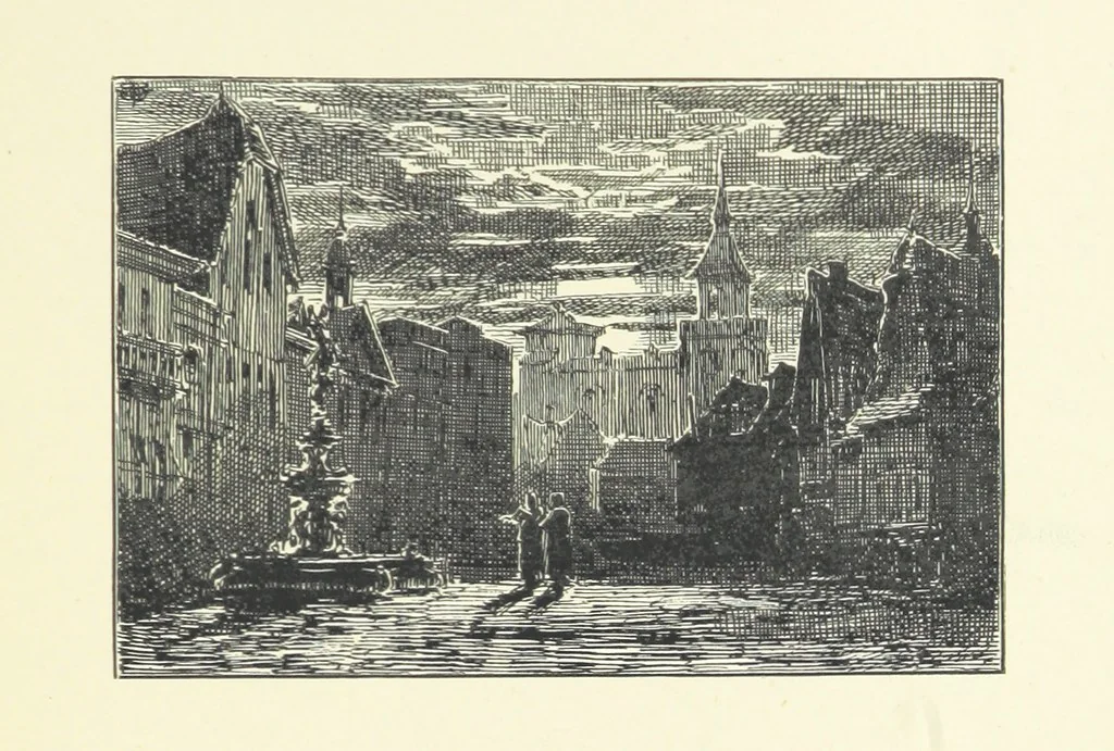 An illustration from Logroño. A metric drama in two acts ... With twenty-nine illustrations by T. Walter Wilson, 1877, leaf 103