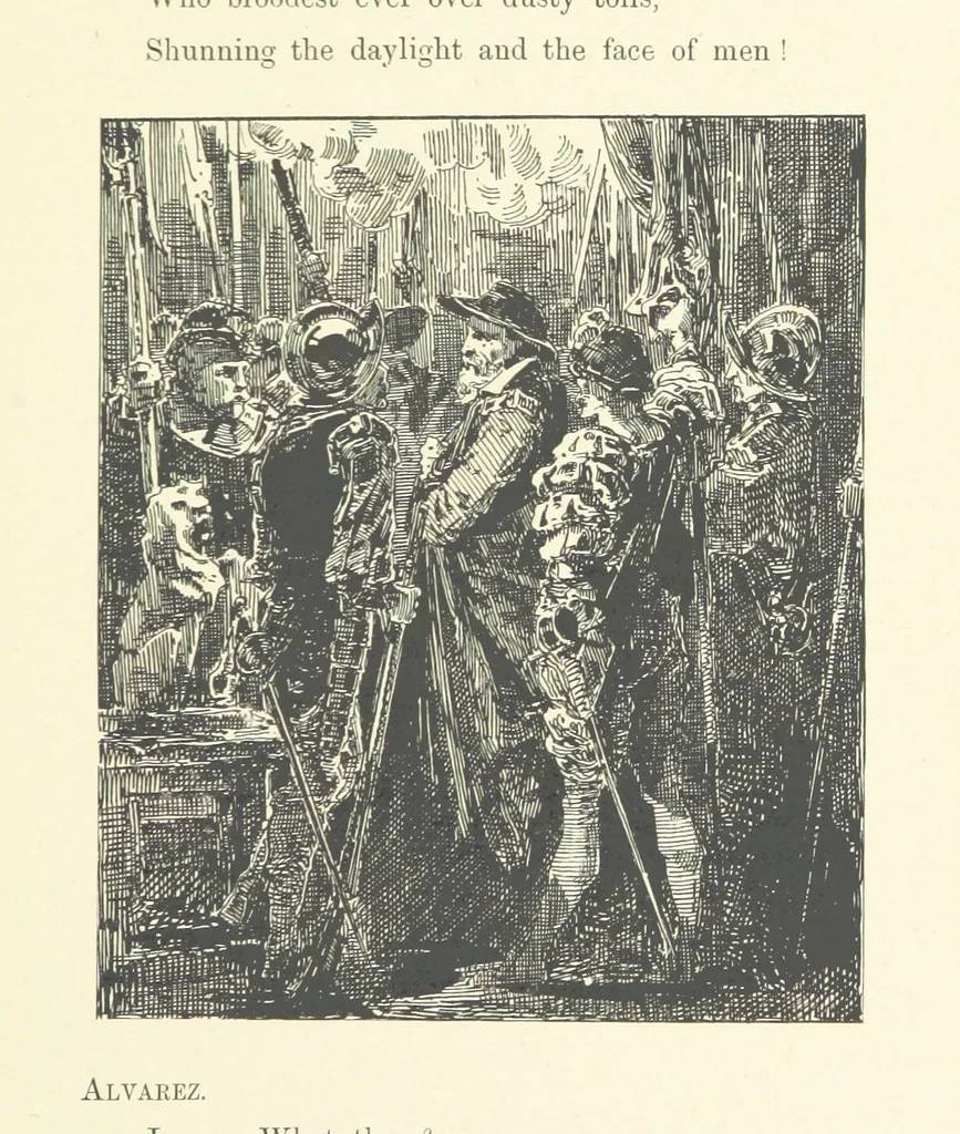 An illustration from Logroño. A metric drama in two acts ... With twenty-nine illustrations by T. Walter Wilson, 1877, leaf 107