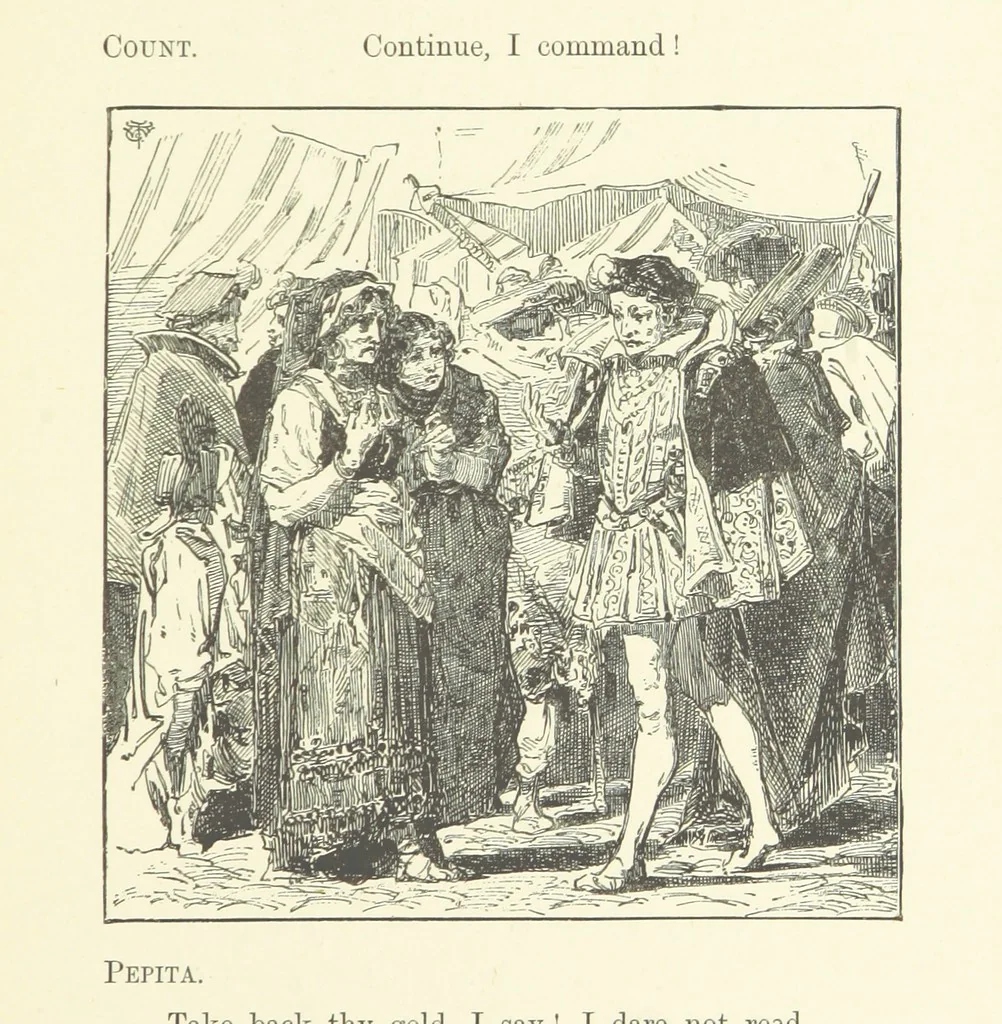 An illustration from Logroño. A metric drama in two acts ... With twenty-nine illustrations by T. Walter Wilson, 1877, leaf 25