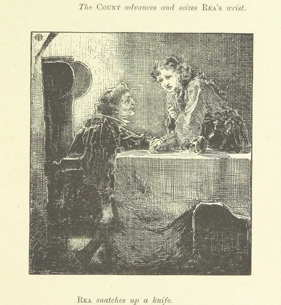 An illustration from Logroño. A metric drama in two acts ... With twenty-nine illustrations by T. Walter Wilson, 1877, leaf 47