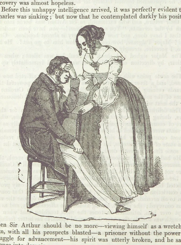 An illustration from The Sisters; or, the Fatal marriages ... Illustrated with fifty-eight engravings by Kenny Meadows and Alfred Crowquill: a portrait of the author: and twenty-two etchings on steel, by Onwhyn. Second edition, with additions, 1851, leaf 188