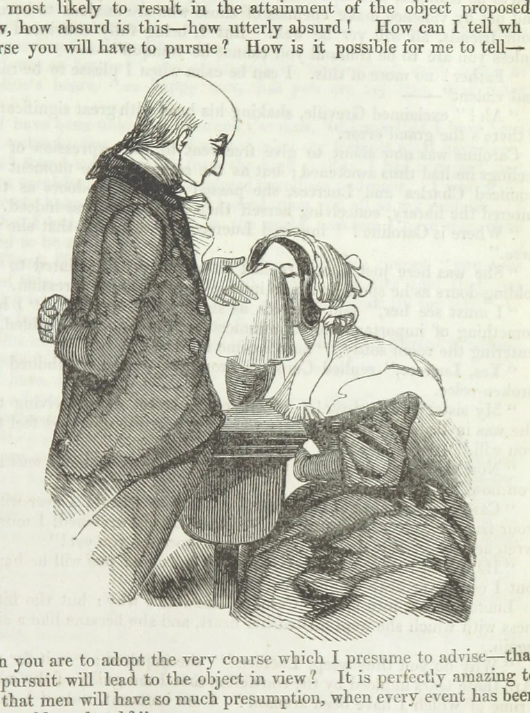 An illustration from The Sisters; or, the Fatal marriages ... Illustrated with fifty-eight engravings by Kenny Meadows and Alfred Crowquill: a portrait of the author: and twenty-two etchings on steel, by Onwhyn. Second edition, with additions, 1851, leaf 251
