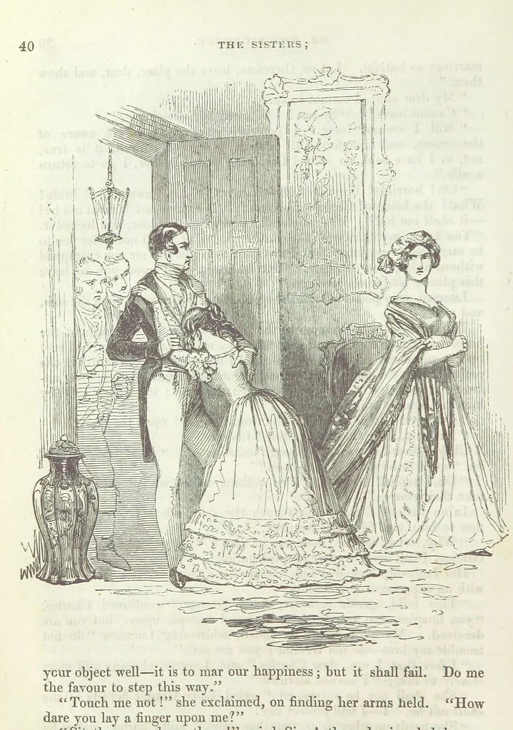 An illustration from The Sisters; or, the Fatal marriages ... Illustrated with fifty-eight engravings by Kenny Meadows and Alfred Crowquill: a portrait of the author: and twenty-two etchings on steel, by Onwhyn. Second edition, with additions, 1851, leaf 52