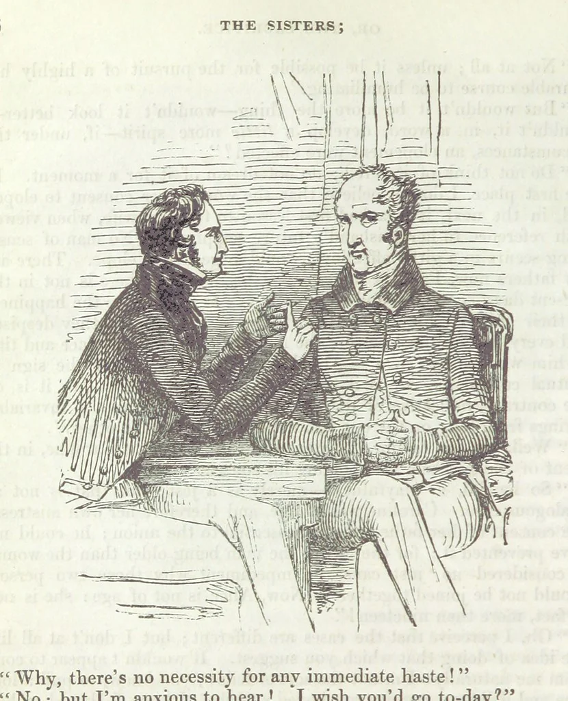 An illustration from The Sisters; or, the Fatal marriages ... Illustrated with fifty-eight engravings by Kenny Meadows and Alfred Crowquill: a portrait of the author: and twenty-two etchings on steel, by Onwhyn. Second edition, with additions, 1851, leaf 68