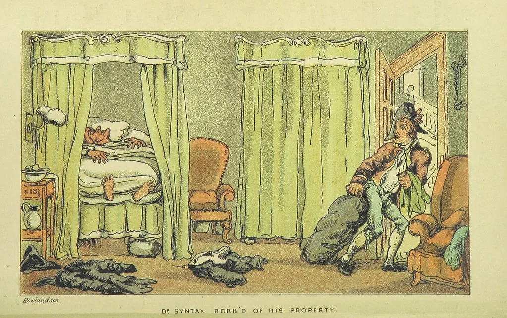 An illustration from Doctor Syntax's Three Tours: in search of the picturesque, consolation, and a wife ... The original edition, complete and unabridged, with the life and adventures of the author ... by John Camden Hotten. Eighty full page illustrations drawn and coloured after the originals by T. Rowlandson, 1868, leaf 142