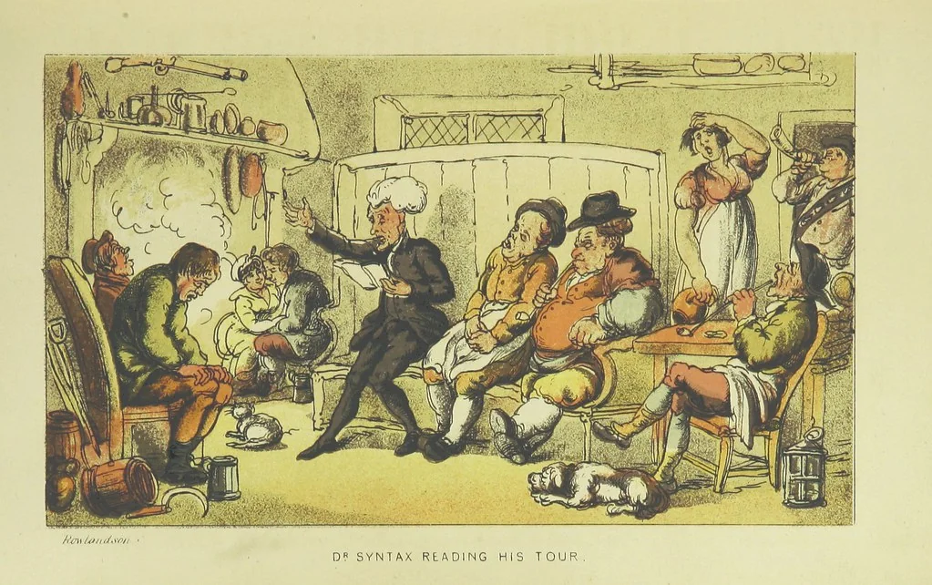 An illustration from Doctor Syntax's Three Tours: in search of the picturesque, consolation, and a wife ... The original edition, complete and unabridged, with the life and adventures of the author ... by John Camden Hotten. Eighty full page illustrations drawn and coloured after the originals by T. Rowlandson, 1868, leaf 173