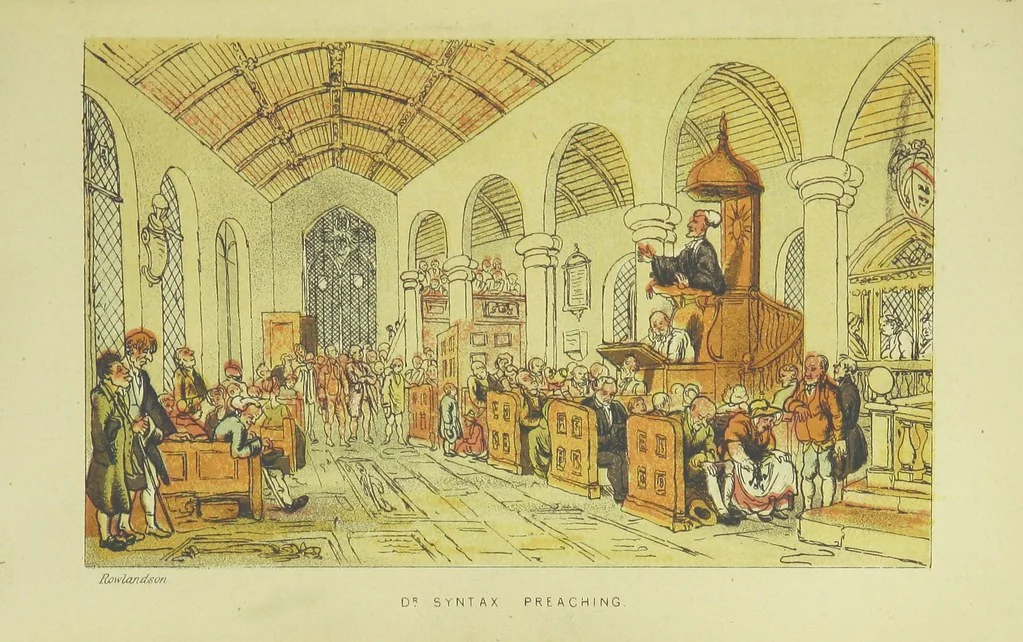 An illustration from Doctor Syntax's Three Tours: in search of the picturesque, consolation, and a wife ... The original edition, complete and unabridged, with the life and adventures of the author ... by John Camden Hotten. Eighty full page illustrations drawn and coloured after the originals by T. Rowlandson, 1868, leaf 177