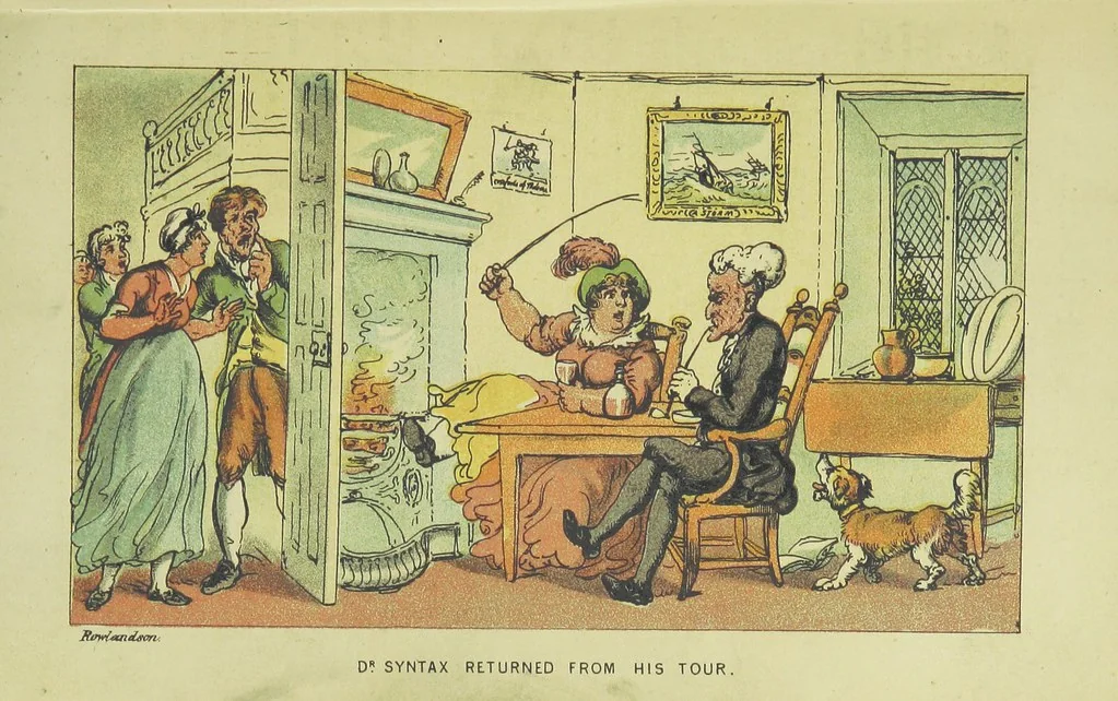 An illustration from Doctor Syntax's Three Tours: in search of the picturesque, consolation, and a wife ... The original edition, complete and unabridged, with the life and adventures of the author ... by John Camden Hotten. Eighty full page illustrations drawn and coloured after the originals by T. Rowlandson, 1868, leaf 215
