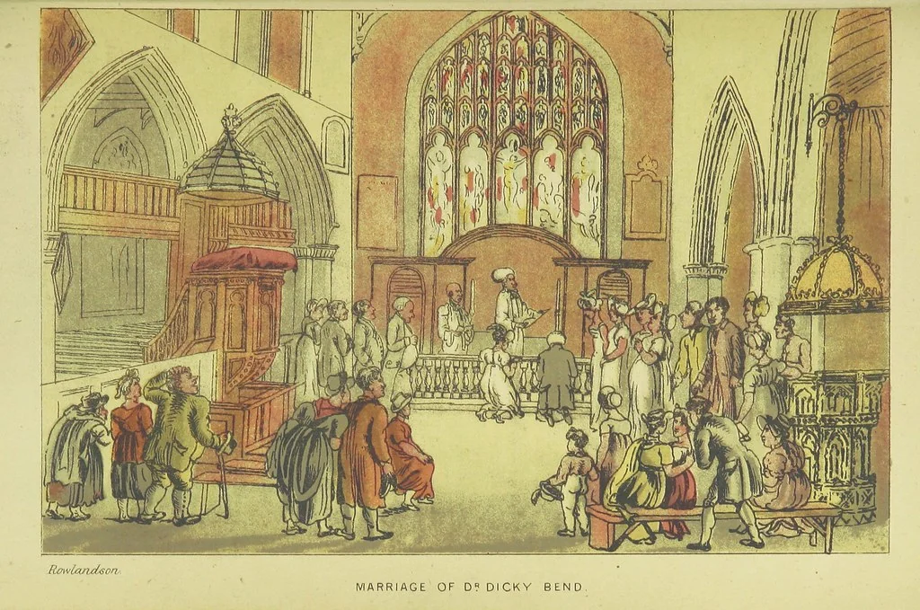 An illustration from Doctor Syntax's Three Tours: in search of the picturesque, consolation, and a wife ... The original edition, complete and unabridged, with the life and adventures of the author ... by John Camden Hotten. Eighty full page illustrations drawn and coloured after the originals by T. Rowlandson, 1868, leaf 375