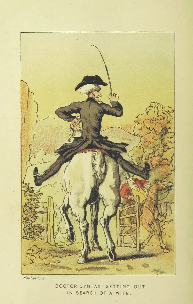 An illustration from Doctor Syntax's Three Tours: in search of the picturesque, consolation, and a wife ... The original edition, complete and unabridged, with the life and adventures of the author ... by John Camden Hotten. Eighty full page illustrations drawn and coloured after the originals by T. Rowlandson, 1868, leaf 402