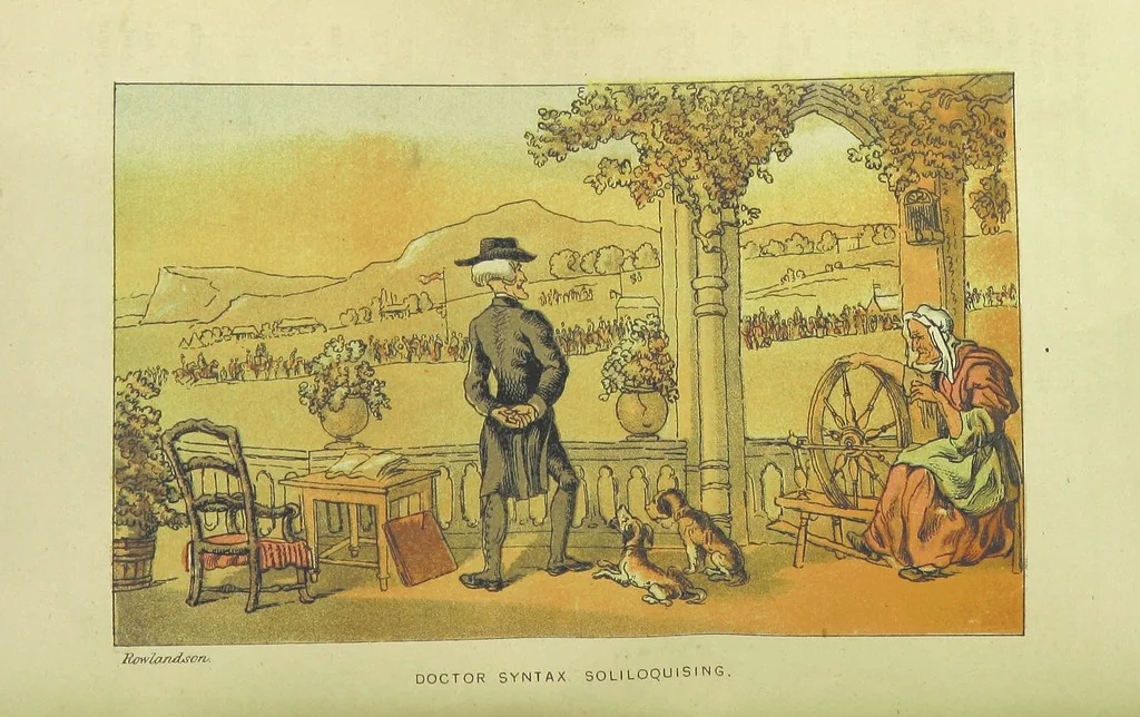 An illustration from Doctor Syntax's Three Tours: in search of the picturesque, consolation, and a wife ... The original edition, complete and unabridged, with the life and adventures of the author ... by John Camden Hotten. Eighty full page illustrations drawn and coloured after the originals by T. Rowlandson, 1868, leaf 408