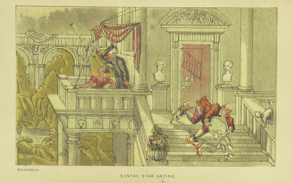 An illustration from Doctor Syntax's Three Tours: in search of the picturesque, consolation, and a wife ... The original edition, complete and unabridged, with the life and adventures of the author ... by John Camden Hotten. Eighty full page illustrations drawn and coloured after the originals by T. Rowlandson, 1868, leaf 495