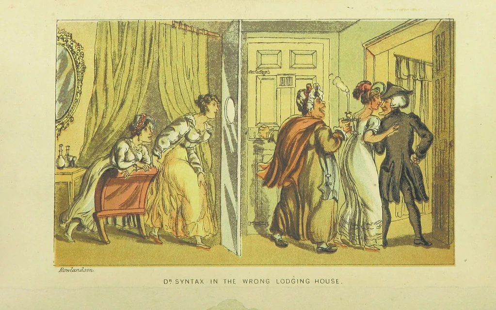 An illustration from Doctor Syntax's Three Tours: in search of the picturesque, consolation, and a wife ... The original edition, complete and unabridged, with the life and adventures of the author ... by John Camden Hotten. Eighty full page illustrations drawn and coloured after the originals by T. Rowlandson, 1868, leaf 508
