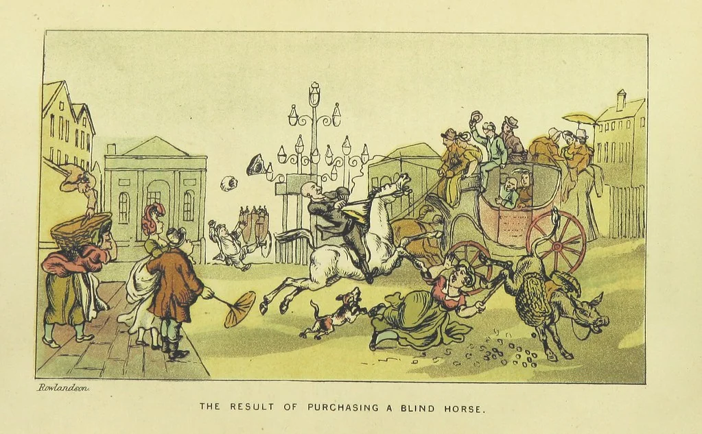 An illustration from Doctor Syntax's Three Tours: in search of the picturesque, consolation, and a wife ... The original edition, complete and unabridged, with the life and adventures of the author ... by John Camden Hotten. Eighty full page illustrations drawn and coloured after the originals by T. Rowlandson, 1868, leaf 538
