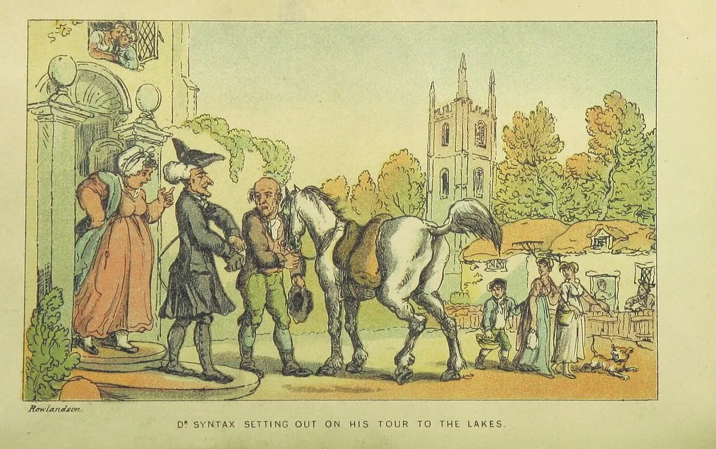 An illustration from Doctor Syntax's Three Tours: in search of the picturesque, consolation, and a wife ... The original edition, complete and unabridged, with the life and adventures of the author ... by John Camden Hotten. Eighty full page illustrations drawn and coloured after the originals by T. Rowlandson, 1868, leaf 56