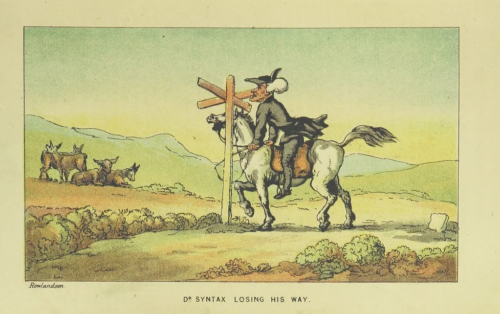 An illustration from Doctor Syntax's Three Tours: in search of the picturesque, consolation, and a wife ... The original edition, complete and unabridged, with the life and adventures of the author ... by John Camden Hotten. Eighty full page illustrations drawn and coloured after the originals by T. Rowlandson, 1868, leaf 61
