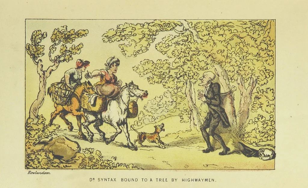 An illustration from Doctor Syntax's Three Tours: in search of the picturesque, consolation, and a wife ... The original edition, complete and unabridged, with the life and adventures of the author ... by John Camden Hotten. Eighty full page illustrations drawn and coloured after the originals by T. Rowlandson, 1868, leaf 67