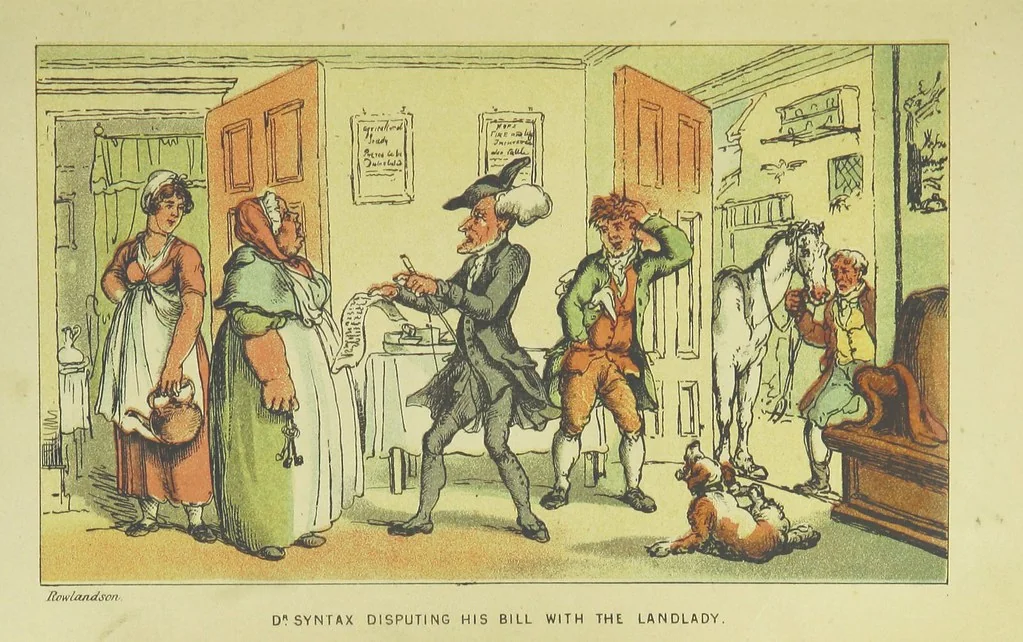 An illustration from Doctor Syntax's Three Tours: in search of the picturesque, consolation, and a wife ... The original edition, complete and unabridged, with the life and adventures of the author ... by John Camden Hotten. Eighty full page illustrations drawn and coloured after the originals by T. Rowlandson, 1868, leaf 75