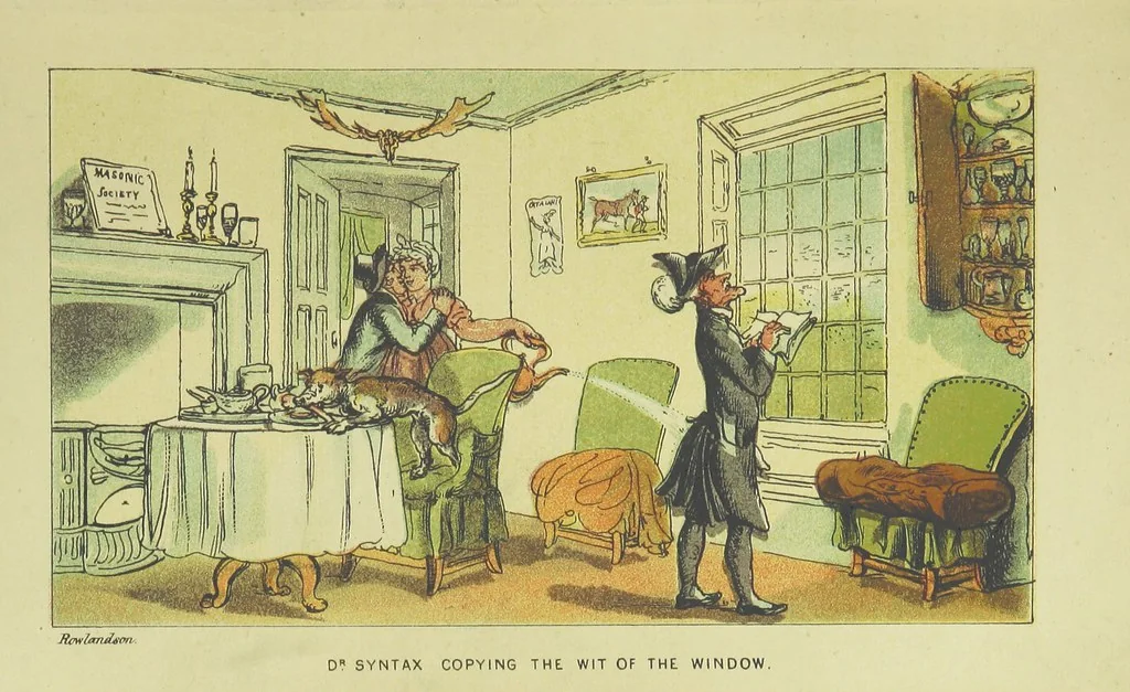 An illustration from Doctor Syntax's Three Tours: in search of the picturesque, consolation, and a wife ... The original edition, complete and unabridged, with the life and adventures of the author ... by John Camden Hotten. Eighty full page illustrations drawn and coloured after the originals by T. Rowlandson, 1868, leaf 81
