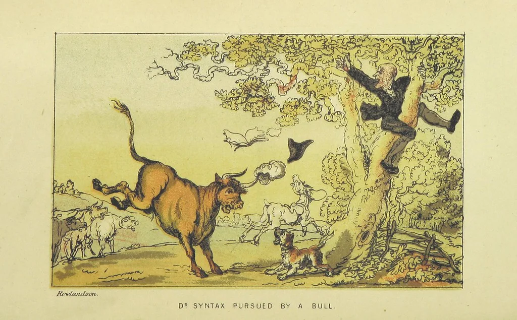 An illustration from Doctor Syntax's Three Tours: in search of the picturesque, consolation, and a wife ... The original edition, complete and unabridged, with the life and adventures of the author ... by John Camden Hotten. Eighty full page illustrations drawn and coloured after the originals by T. Rowlandson, 1868, leaf 88