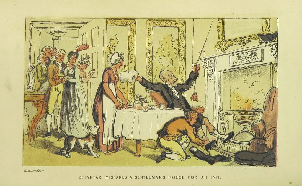 An illustration from Doctor Syntax's Three Tours: in search of the picturesque, consolation, and a wife ... The original edition, complete and unabridged, with the life and adventures of the author ... by John Camden Hotten. Eighty full page illustrations drawn and coloured after the originals by T. Rowlandson, 1868, leaf 94