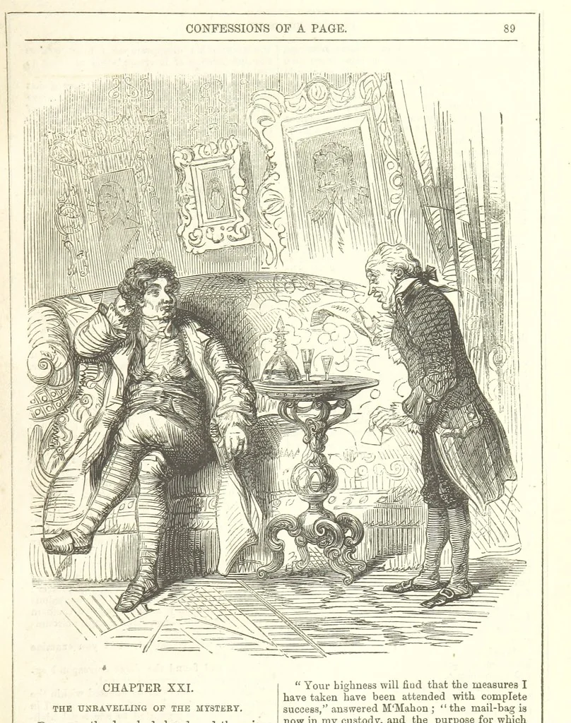 An illustration from The Confessions of a Page: or Revelations of the times of George the Fourth. By the author of the fourth series of the “Mysteries of London.” (Illustrated by “Phiz.”), 1861, leaf 107