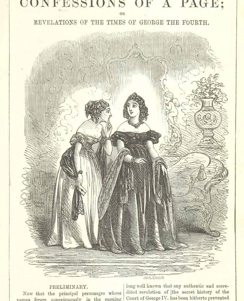 An illustration from The Confessions of a Page: or Revelations of the times of George the Fourth. By the author of the fourth series of the “Mysteries of London.” (Illustrated by “Phiz.”), 1861, leaf 11