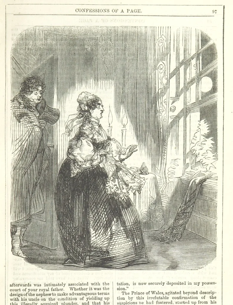 An illustration from The Confessions of a Page: or Revelations of the times of George the Fourth. By the author of the fourth series of the “Mysteries of London.” (Illustrated by “Phiz.”), 1861, leaf 115