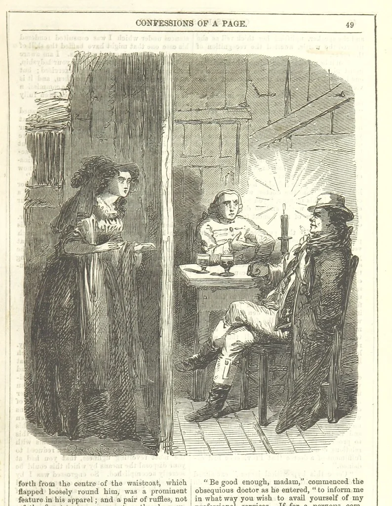 An illustration from The Confessions of a Page: or Revelations of the times of George the Fourth. By the author of the fourth series of the “Mysteries of London.” (Illustrated by “Phiz.”), 1861, leaf 63