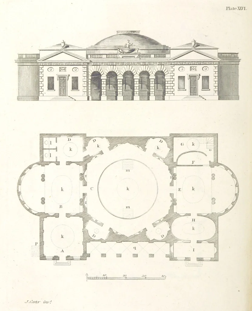 An illustration from The New Builder's Magazine, and Complete Architectural Library, for architects, surveyors, carpenters, etc, 1819, leaf 174