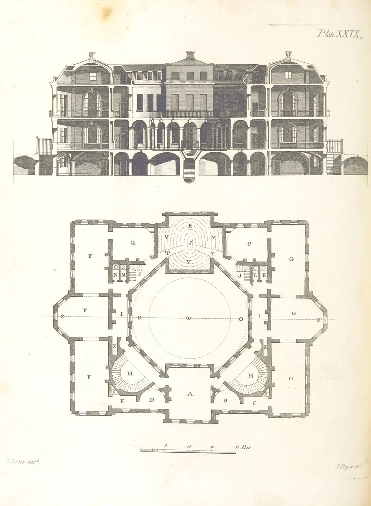 An illustration from The New Builder's Magazine, and Complete Architectural Library, for architects, surveyors, carpenters, etc, 1819, leaf 184