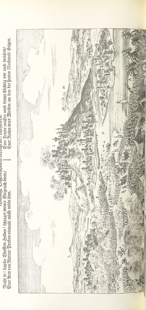 An illustration from Avvisi del cavaliere Federico Cornaro, ambasciatore veneto, circa l'assedio e la presa della fortezza di Buda nell'anno 1686. Con traduzione ungherese ed introduzione storica da Sigismondo Bubics. (Cornaro Frigyes velenczei követ Jelentései, etc.) [With plates, including portraits.] Ital. & Hung, 1891, leaf 362