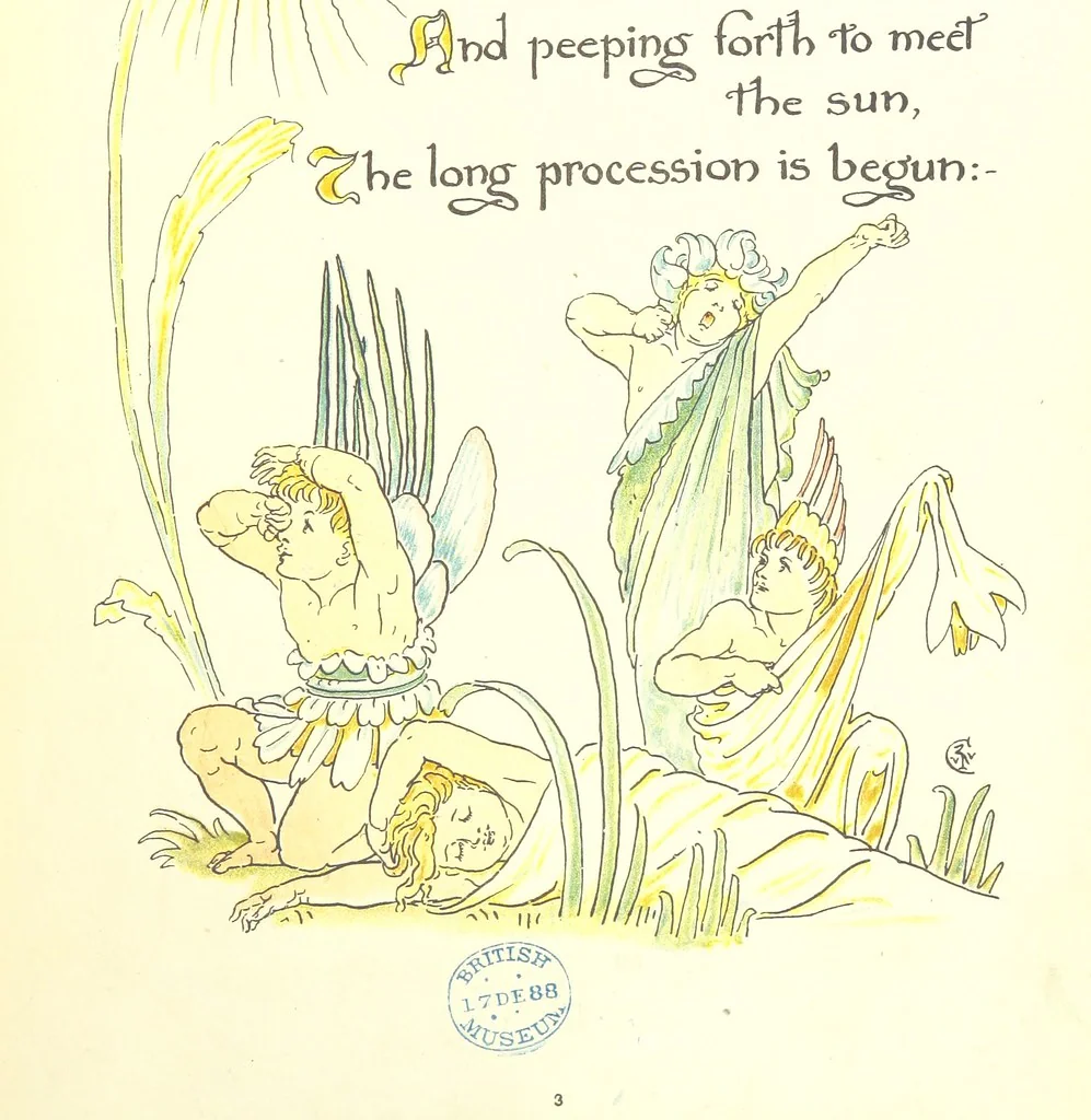An illustration from Flora's Feast. A masque of flowers, penned & pictured by Walter Crane, 1889, leaf 17