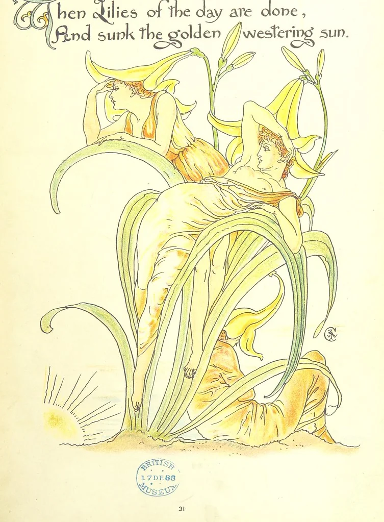 An illustration from Flora's Feast. A masque of flowers, penned & pictured by Walter Crane, 1889, leaf 73
