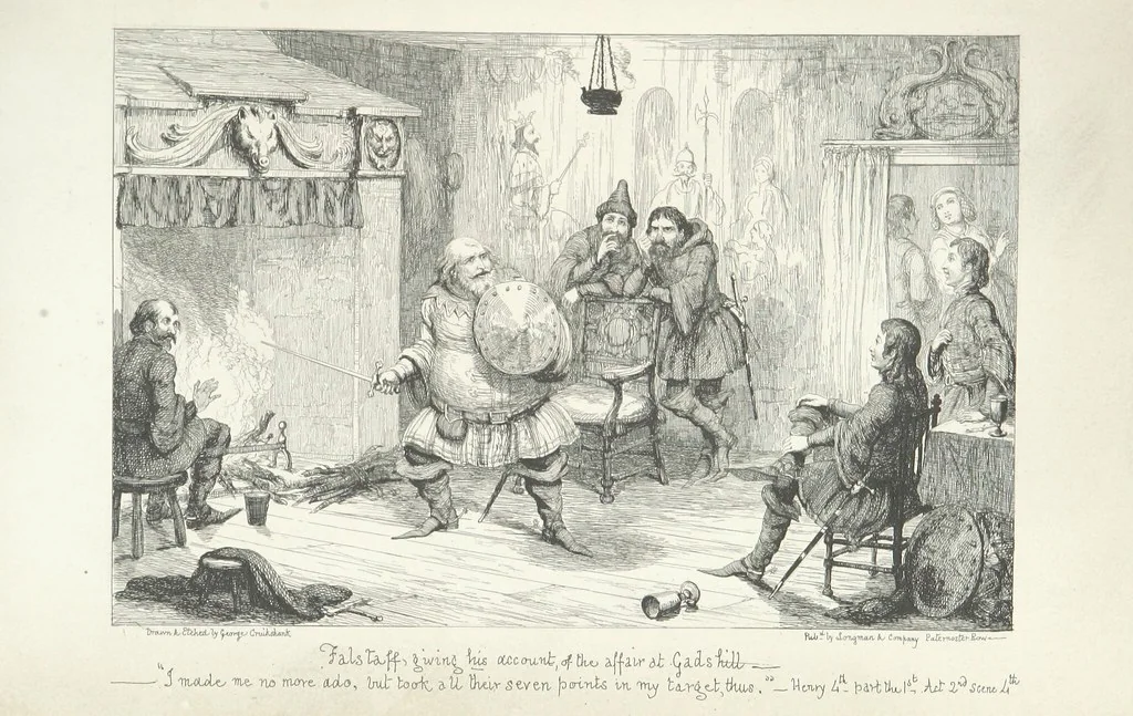 An illustration from The Life of Sir John Falstaff. Illustrated by G. Cruikshank. With a biography of the knight from authentic sources by Robert B. Brough, 1858, leaf 113