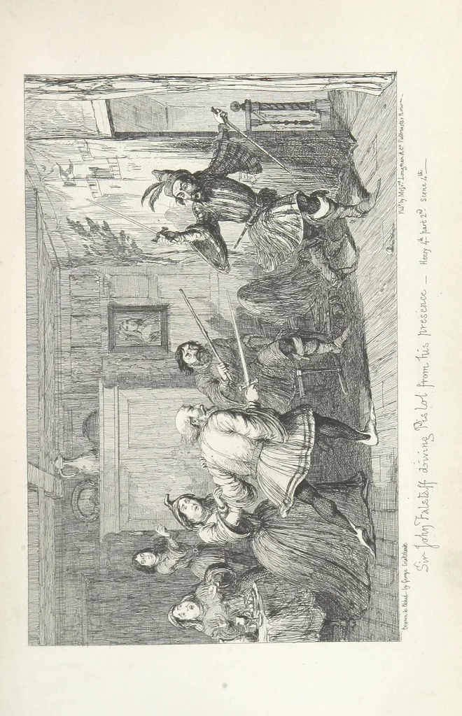 An illustration from The Life of Sir John Falstaff. Illustrated by G. Cruikshank. With a biography of the knight from authentic sources by Robert B. Brough, 1858, leaf 179