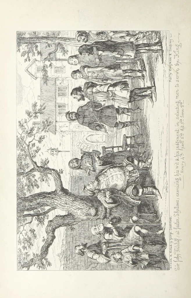 An illustration from The Life of Sir John Falstaff. Illustrated by G. Cruikshank. With a biography of the knight from authentic sources by Robert B. Brough, 1858, leaf 210