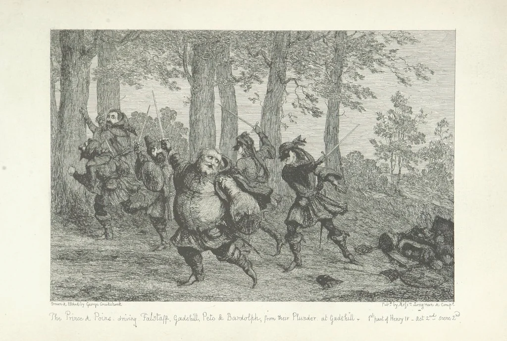 An illustration from The Life of Sir John Falstaff. Illustrated by G. Cruikshank. With a biography of the knight from authentic sources by Robert B. Brough, 1858, leaf 95