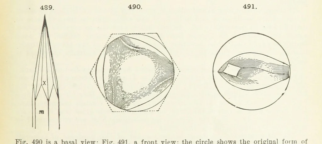 An illustration from A Text-Book of Mineralogy. With an extended treatise on crystallography and physical mineralogy ... on the plan and with the co-operation of ... James D. Dana ... With ... woodcuts ... Newly revised and enlarged. 17th edition, etc, 1898, leaf 169