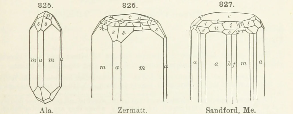An illustration from A Text-Book of Mineralogy. With an extended treatise on crystallography and physical mineralogy ... on the plan and with the co-operation of ... James D. Dana ... With ... woodcuts ... Newly revised and enlarged. 17th edition, etc, 1898, leaf 445