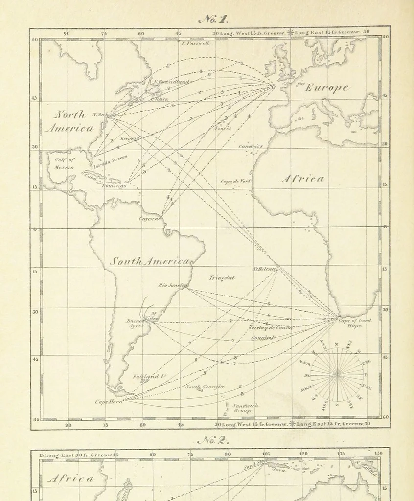 An illustration from New Tables to facilitate the Practice of Great Circle Sailing; together with an application of the theory of the great circle on the globe to the sailing, and an appendix, containing some mathematical demonstrations, etc, 1857, leaf 10