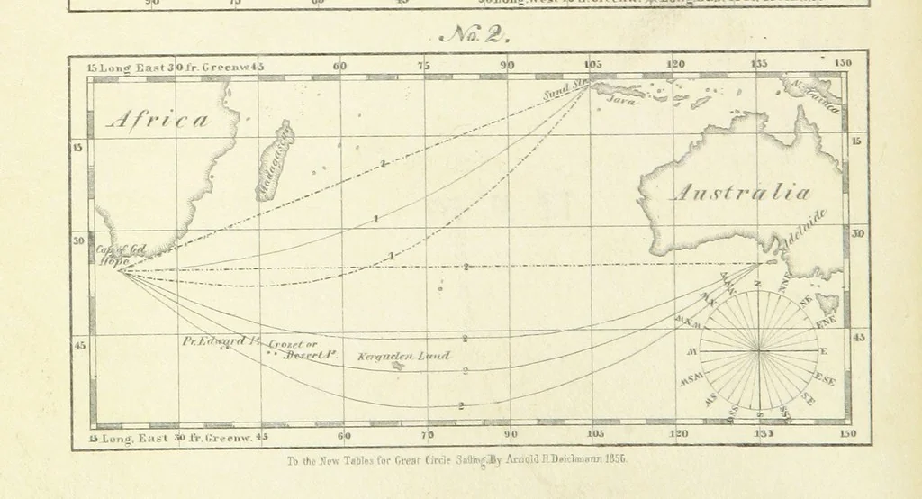 An illustration from New Tables to facilitate the Practice of Great Circle Sailing; together with an application of the theory of the great circle on the globe to the sailing, and an appendix, containing some mathematical demonstrations, etc, 1857, leaf 10