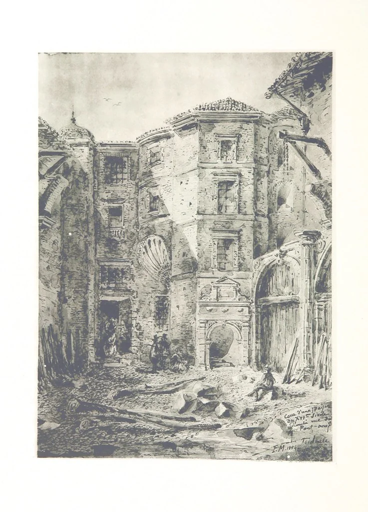 An illustration from Le Vieu Toulouse disparu. Dessins originaux de F. Mazzoli. Texte explicatif par M. M. le Baron Desazars, L. Saint-Charles, E. Lapierre, 1885, leaf 196