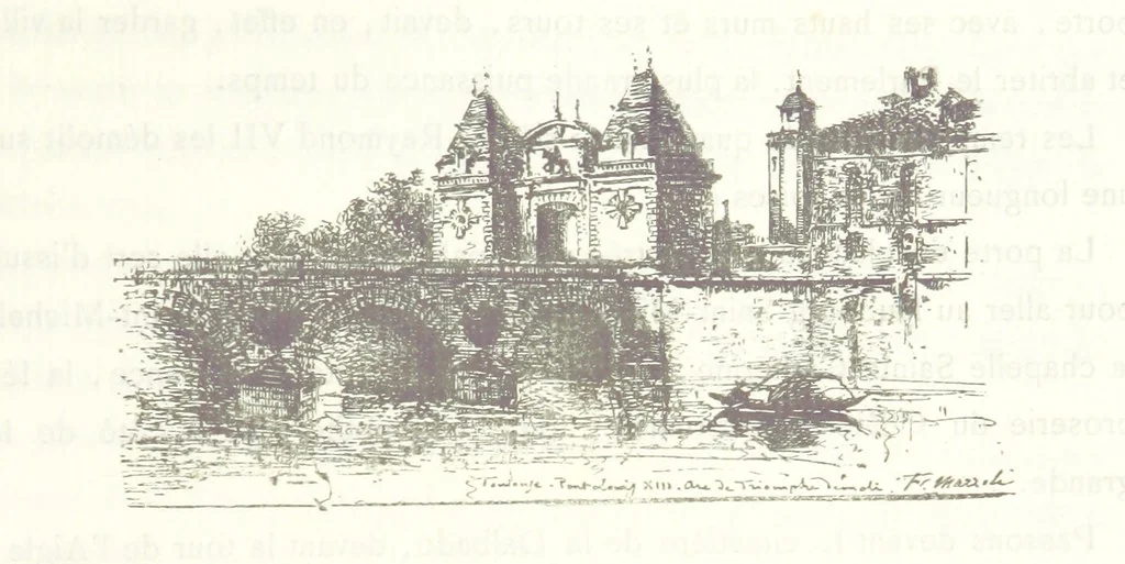 An illustration from Le Vieu Toulouse disparu. Dessins originaux de F. Mazzoli. Texte explicatif par M. M. le Baron Desazars, L. Saint-Charles, E. Lapierre, 1885, leaf 31