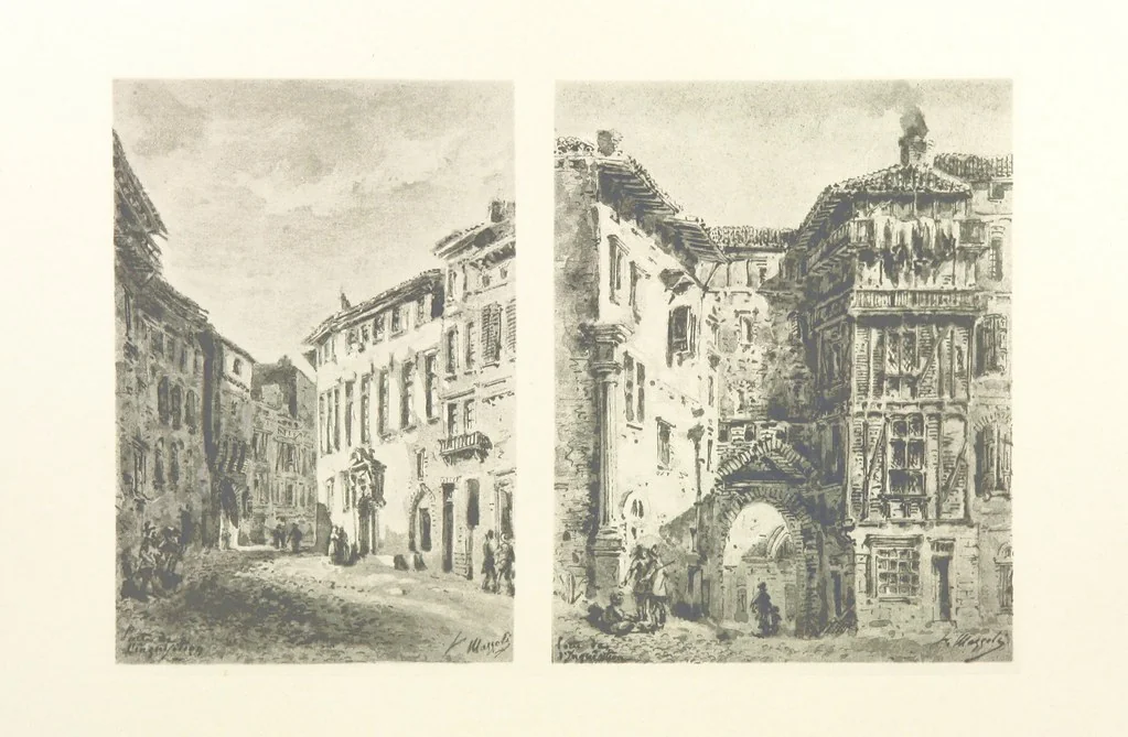 An illustration from Le Vieu Toulouse disparu. Dessins originaux de F. Mazzoli. Texte explicatif par M. M. le Baron Desazars, L. Saint-Charles, E. Lapierre, 1885, leaf 44