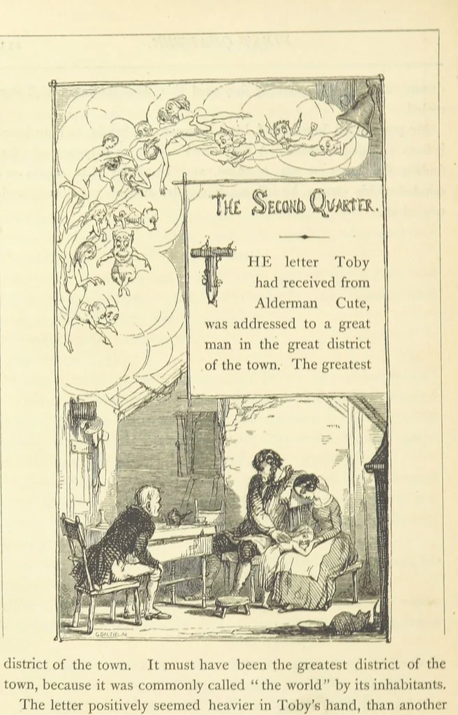 An illustration from Christmas Books ... With illustrations by Sir Edwin Landseer, R.A., Maclise, R.A., Stanfield, R.A., F. Stone, Doyle, Leech, and Tenniel, 1869, leaf 138