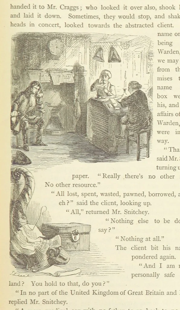 An illustration from Christmas Books ... With illustrations by Sir Edwin Landseer, R.A., Maclise, R.A., Stanfield, R.A., F. Stone, Doyle, Leech, and Tenniel, 1869, leaf 327